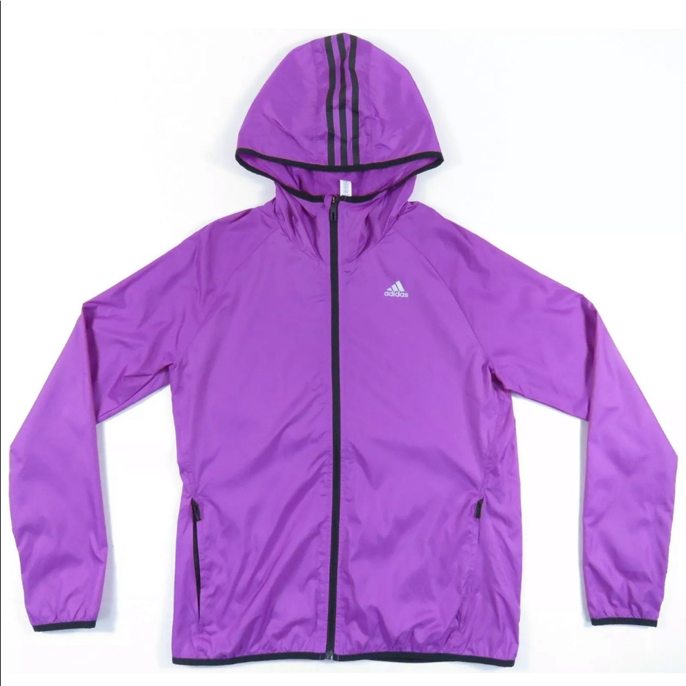 Adidas Hooded Striped Full Zip Windbreaker Jacket